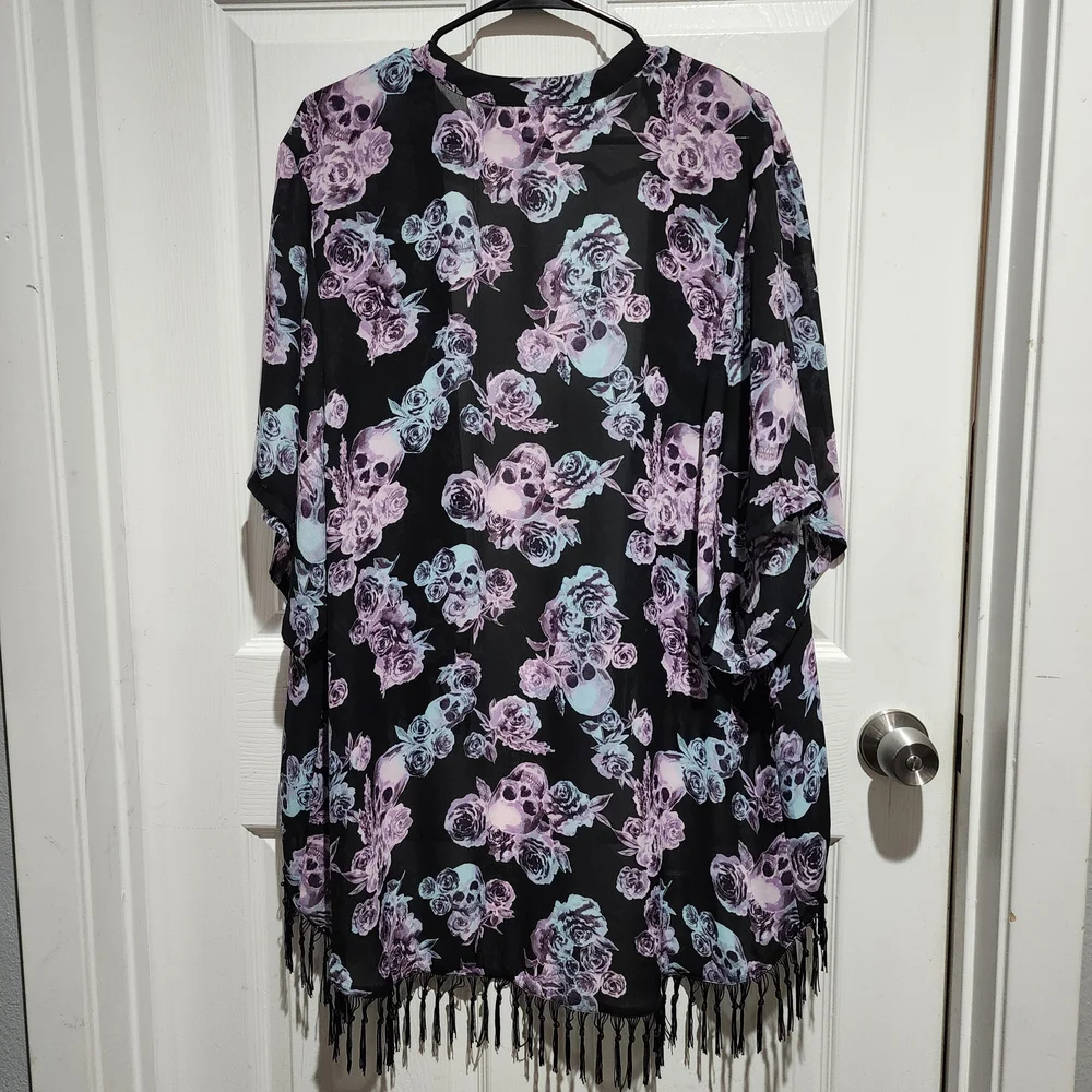 Hot Topic Black Kimono with Purple Floral Skull Design - Picture 3 of 6